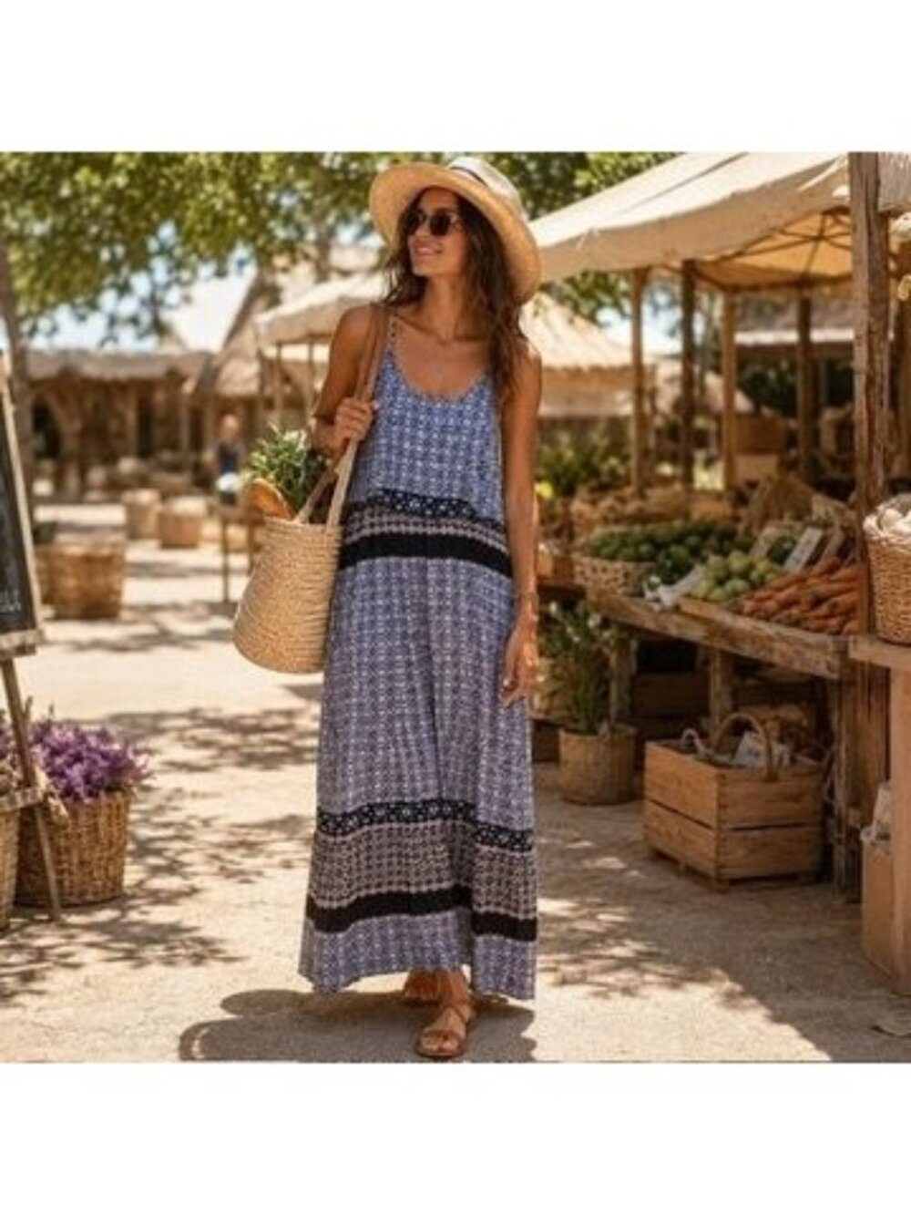 Boho Batik Print Maxi Dress Sz M Layered Racerback Sleeveless Sundress Resort